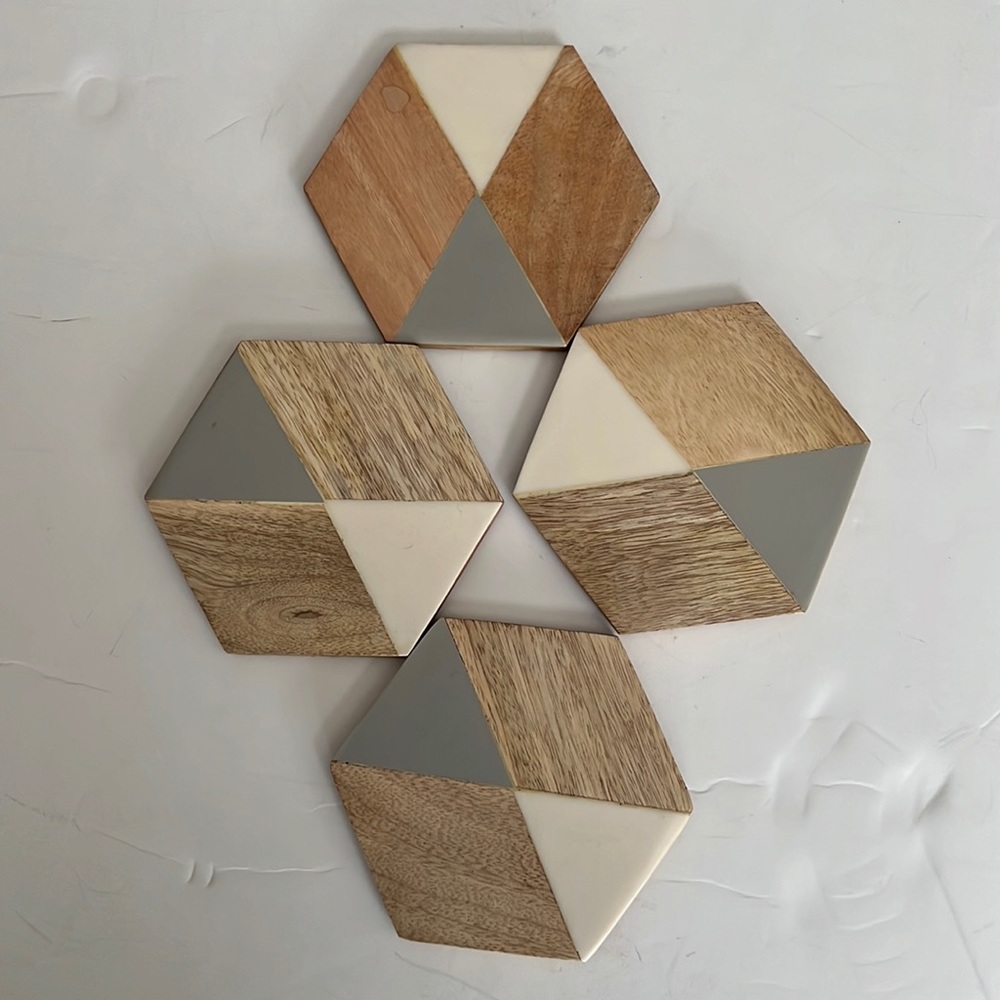 Set of (4) Gold White Gray & Wood Hexagon Coasters